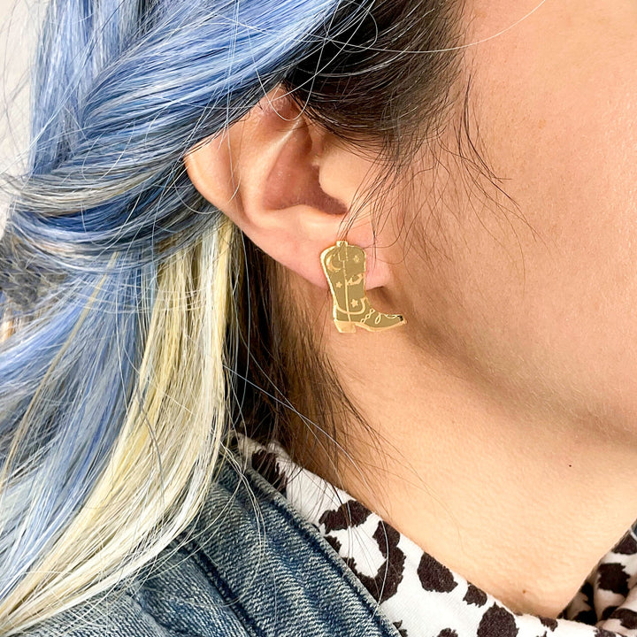 Space Cowboy Boot Stud Earrings - Mirror Gold