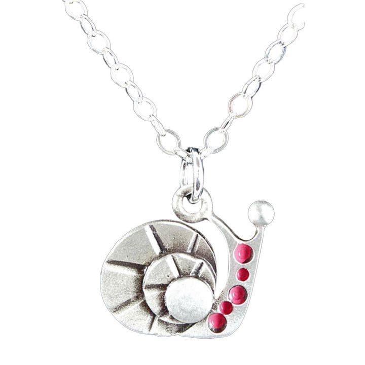 Chickenscratch Snail Pendant — cast sterling silver snail charm necklace with pink enamel paint accents on 18-inch sterling silver chain