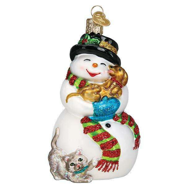 Old World Christmas Snowman With Playful Pets Blown Glass Ornament