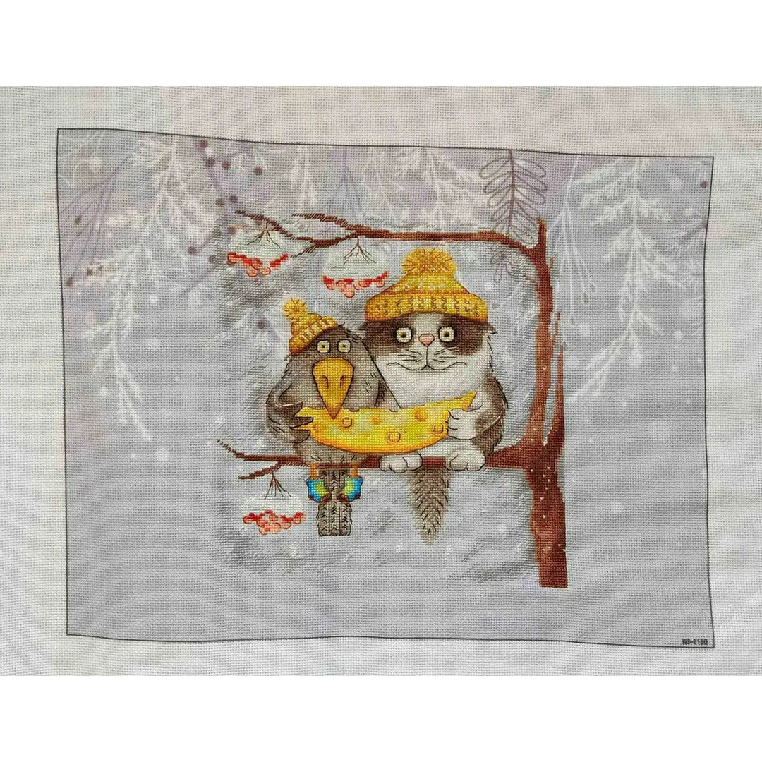 Snowy Pine Designer Printed AIDA Fabric. Canvas for embroidery with an applied background  KF-1180A