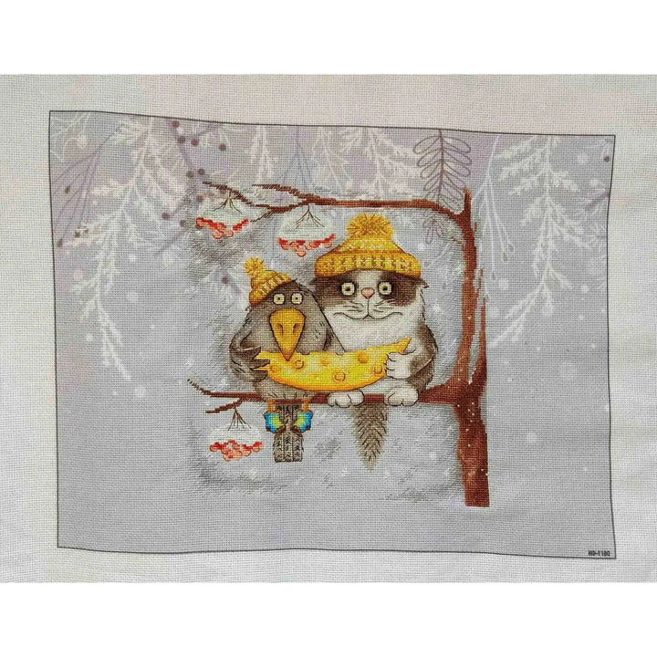 Snowy Pine Designer Printed AIDA Fabric. Canvas for embroidery with an applied background  KF-1180A