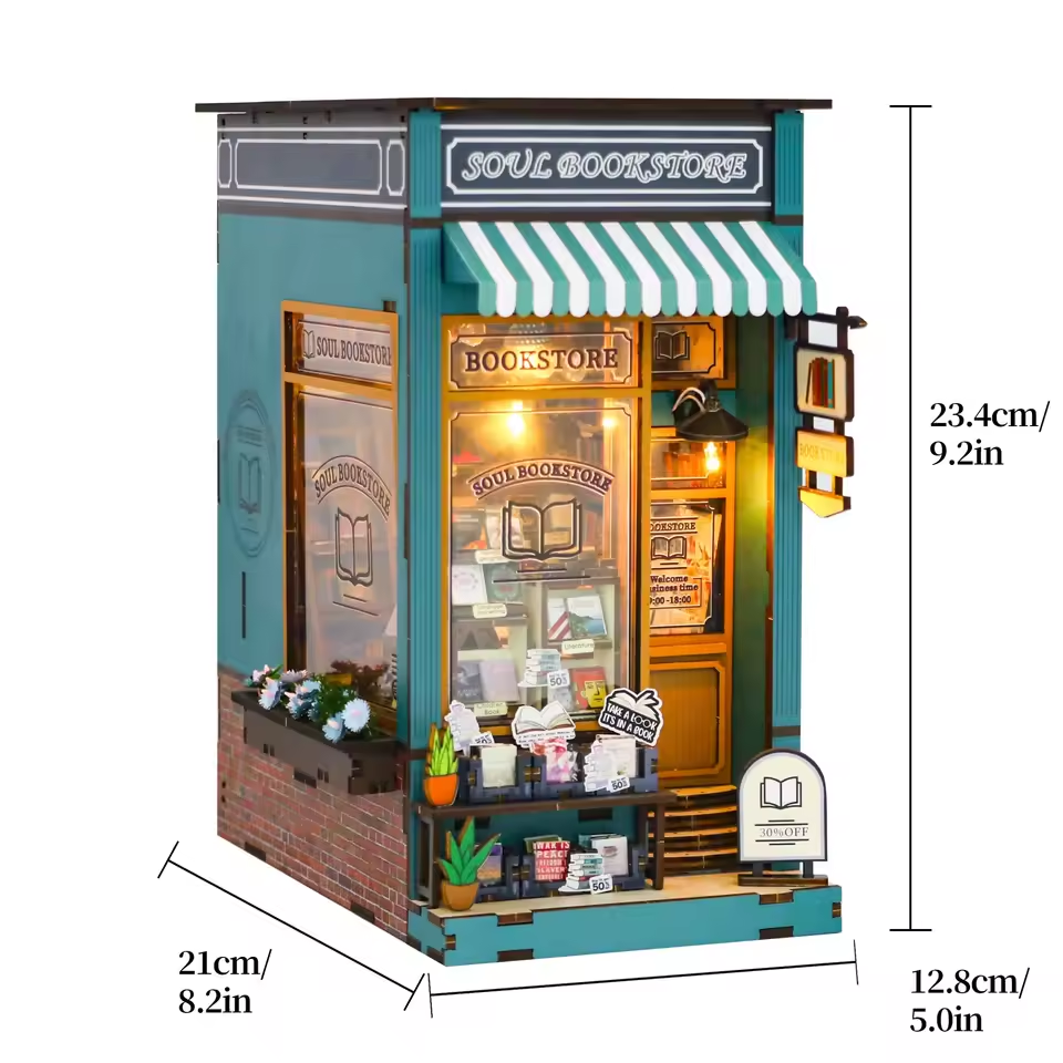 Soul Bookstore Dollhouse Kit - Miniature Wizardi Roombox Kit with LED Light F07M51-80-M2314