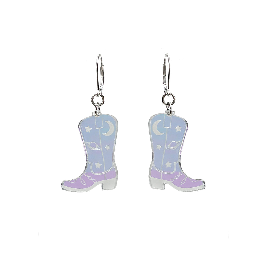 Space Cowboy Boot Dangle Dangle Earrings - Iridescent