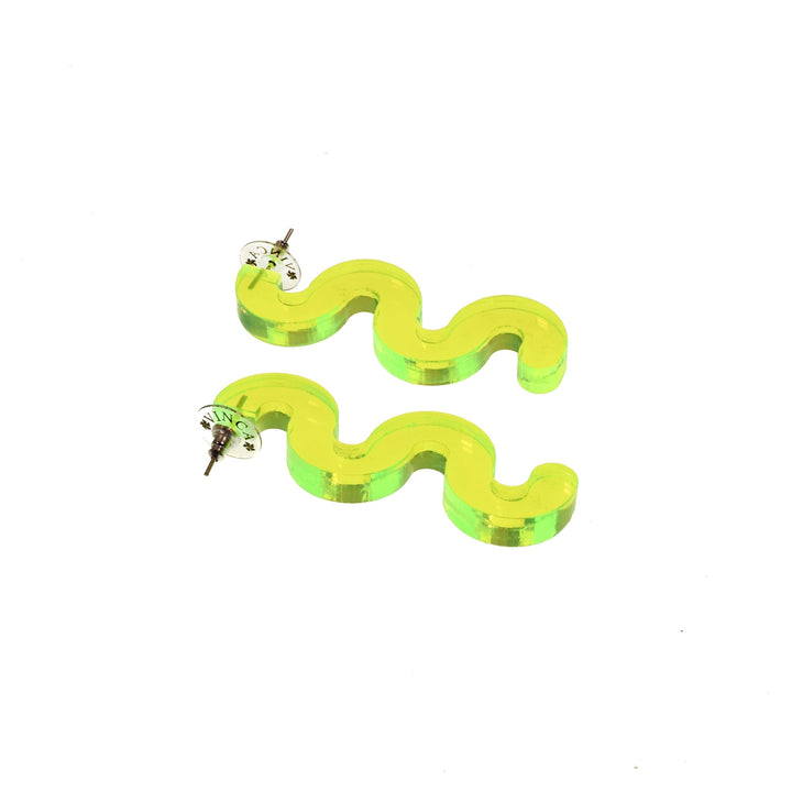 Chunky Squiggle Statement Earrings - Black Light Reactive Clear Green