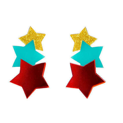 Pair of star-shaped earrings with red, blue, and gold colors on a white background