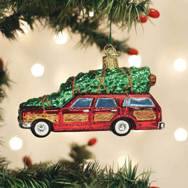 Old World Christmas Station Wagon with Tree Blown Glass Ornament