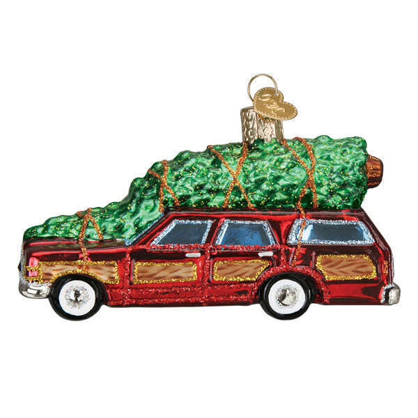 Old World Christmas Station Wagon with Tree Blown Glass Ornament