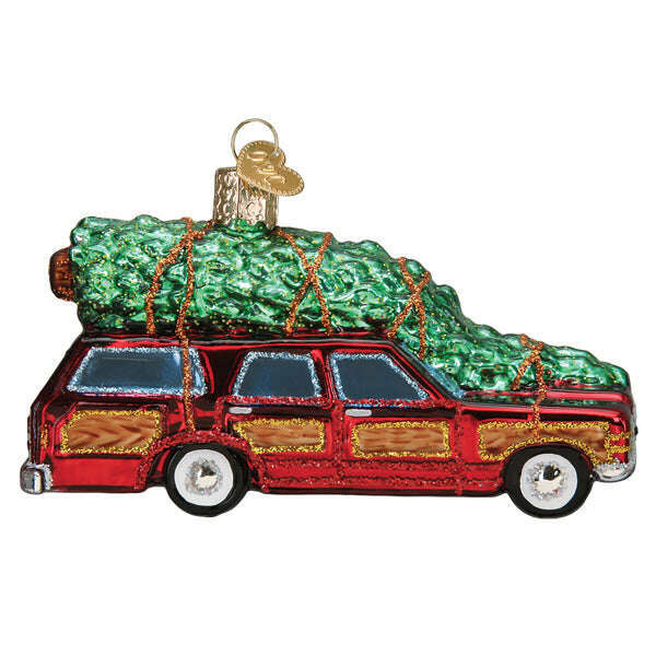 Old World Christmas Station Wagon with Tree Blown Glass Ornament
