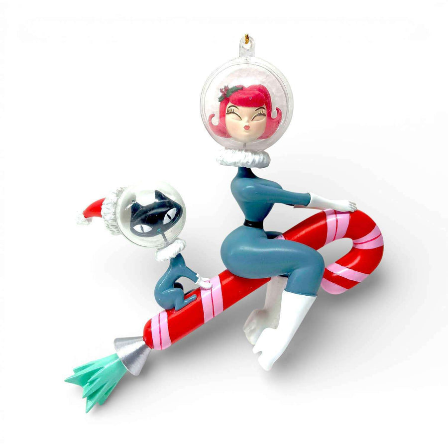 Stella and Orbit 6.5 inch Rocket Girl and Cat ornament by Miss Fluff for December Diamonds, retro sci-fi collectible