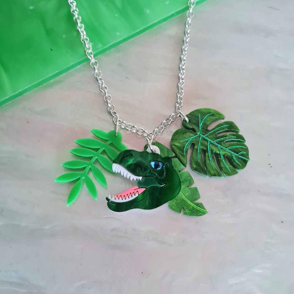 T Rex Dinosaur Charm Leaf Pendant by Cherryloco Jewellery 1