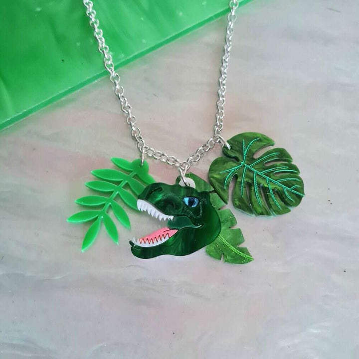 T Rex Dinosaur Charm Leaf Pendant by Cherryloco Jewellery 1