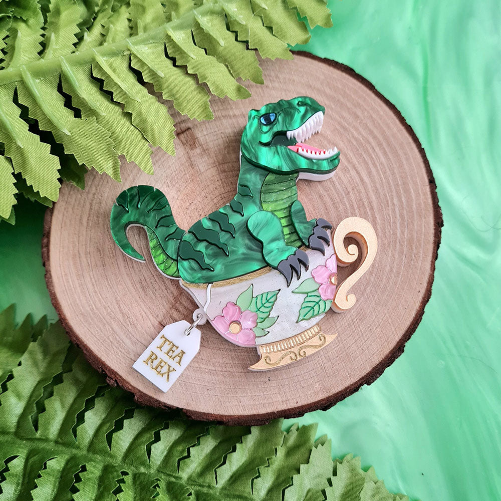Tea Rex Dinosaur Teacup Brooch by Cherryloco Jewellery 2