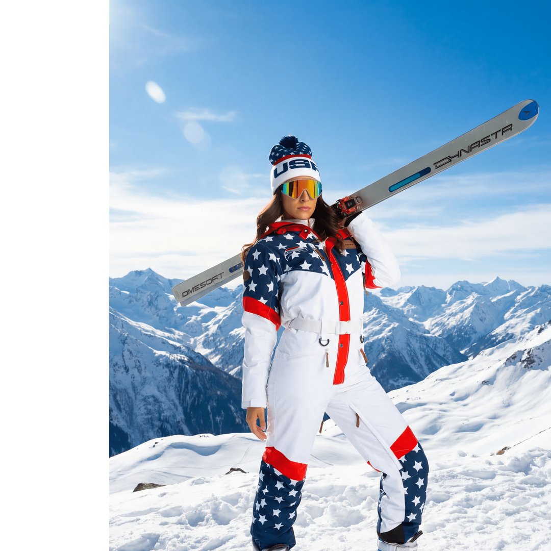 The First Chair | Retro American Flag Women's One Piece Ski Suit