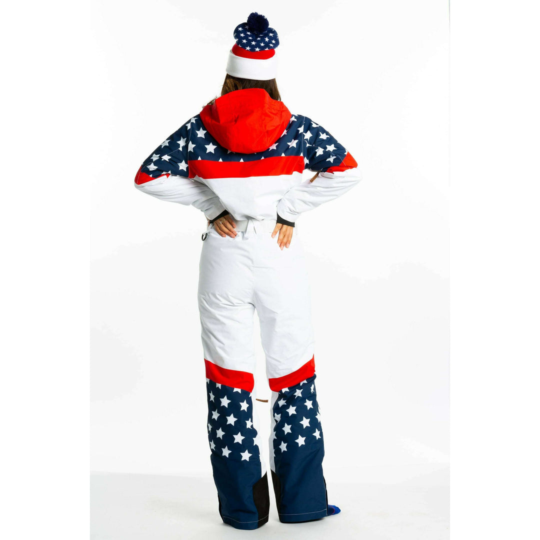 The First Chair | Retro American Flag Women's One Piece Ski Suit