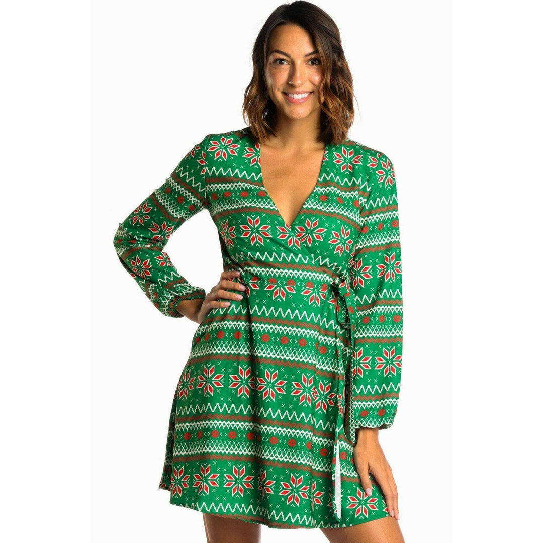 The Kris Kringle | Green Fair Isle Christmas Wrap Dress