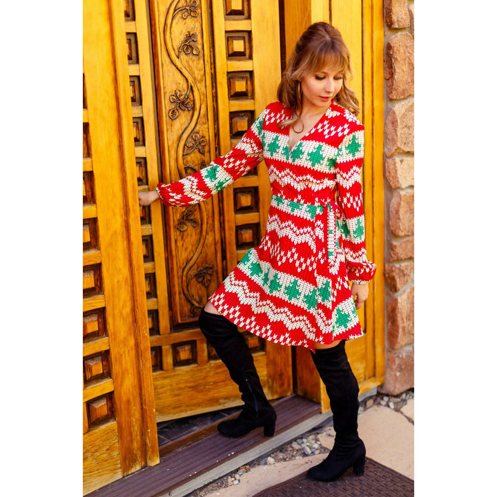 The Red Ryder | Knit Print Christmas Wrap Dress
