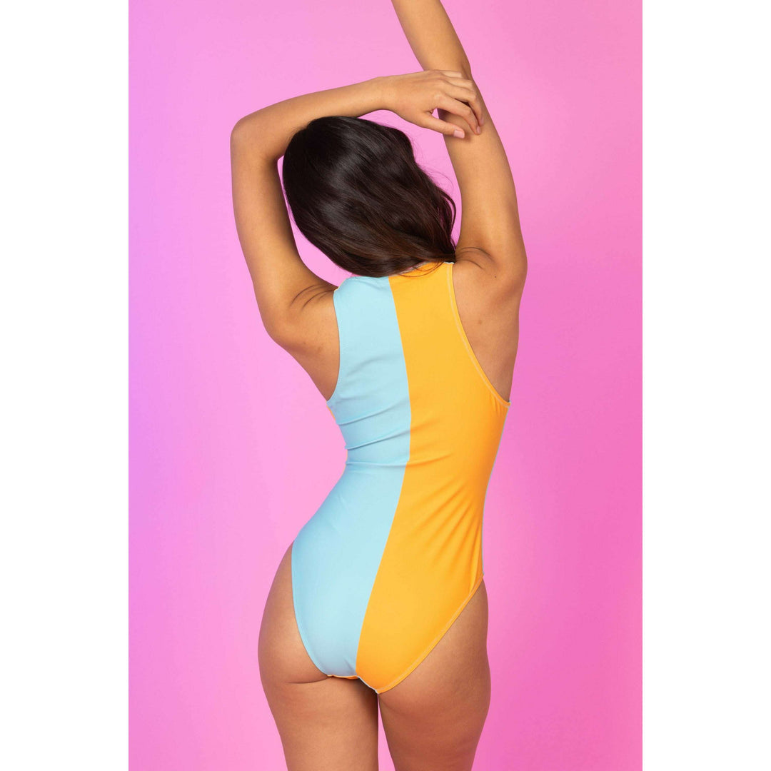 The Soft Serve Saturday | Neon Color Blocked Zip Up One Piece Swimsuit