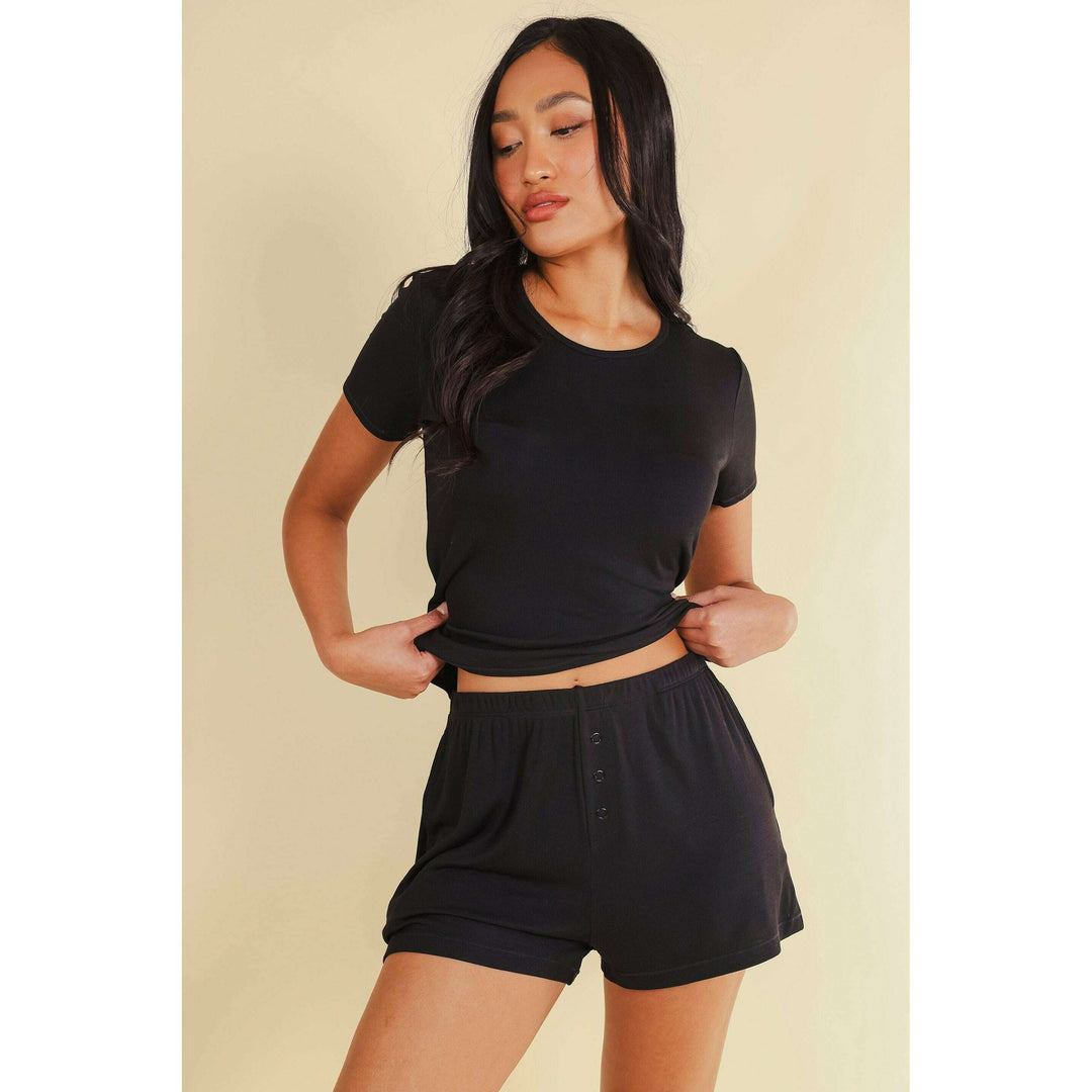 The Threat Level Midnight | Black Ribbed Pajama Short Set