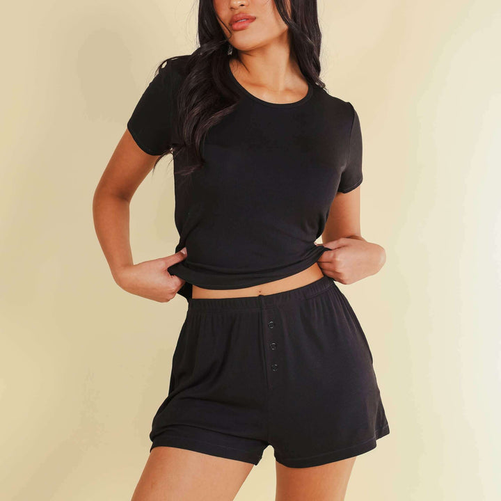 The Threat Level Midnight | Black Ribbed Pajama Short Set