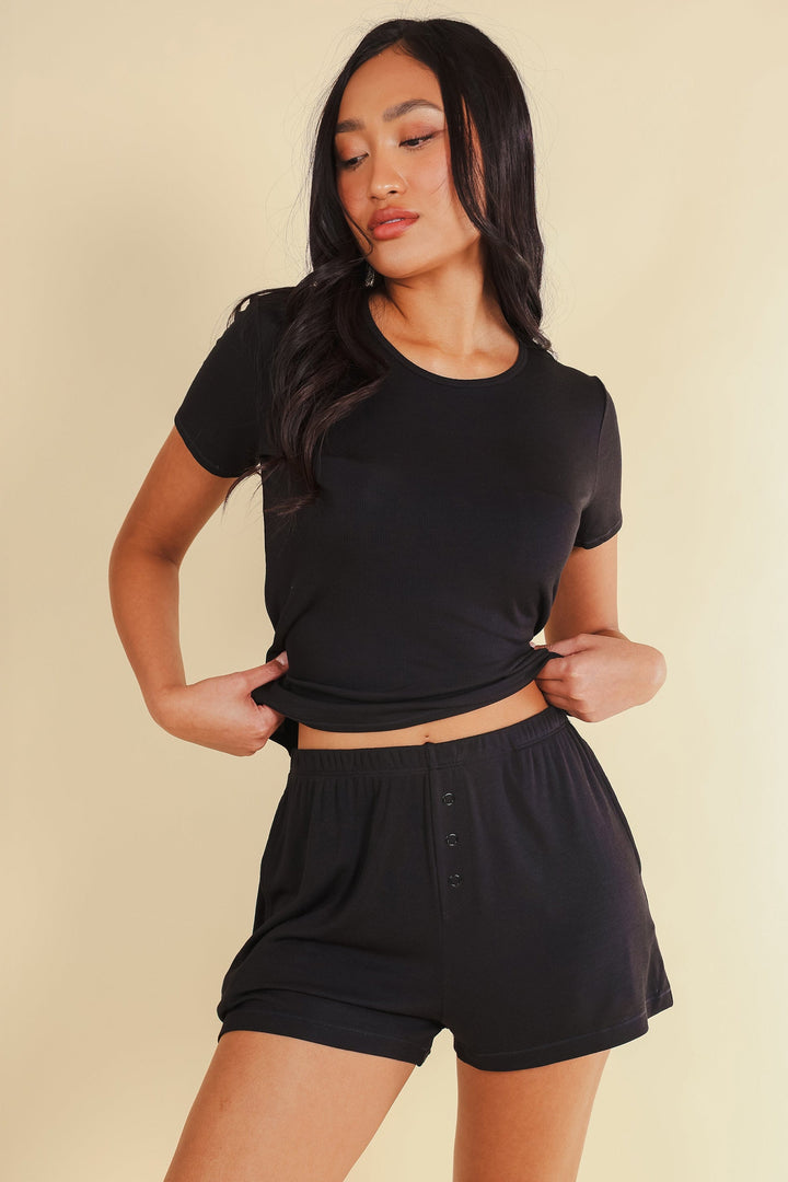 The Threat Level Midnight | Black Ribbed Pajama Short Set