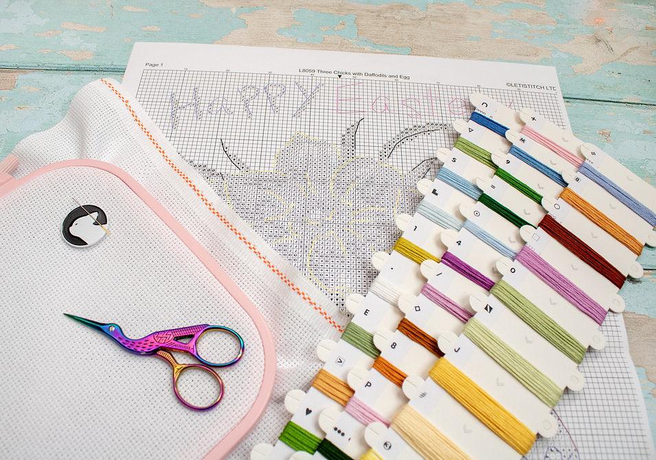 Three Chicks with Daffodils and Egg L8059 Counted Cross Stitch Kit