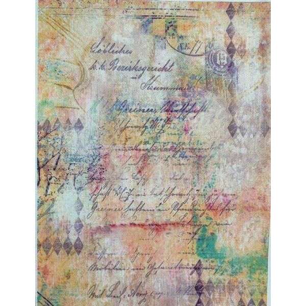 Timeworn Script Designer Printed AIDA Fabric. Canvas for embroidery with an applied background  KF-1223A