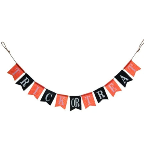 Halloween banner garland with alternating orange and black pennant flags spelling out 'TRICK OR TREAT' in white lettering, suspended on a white background.