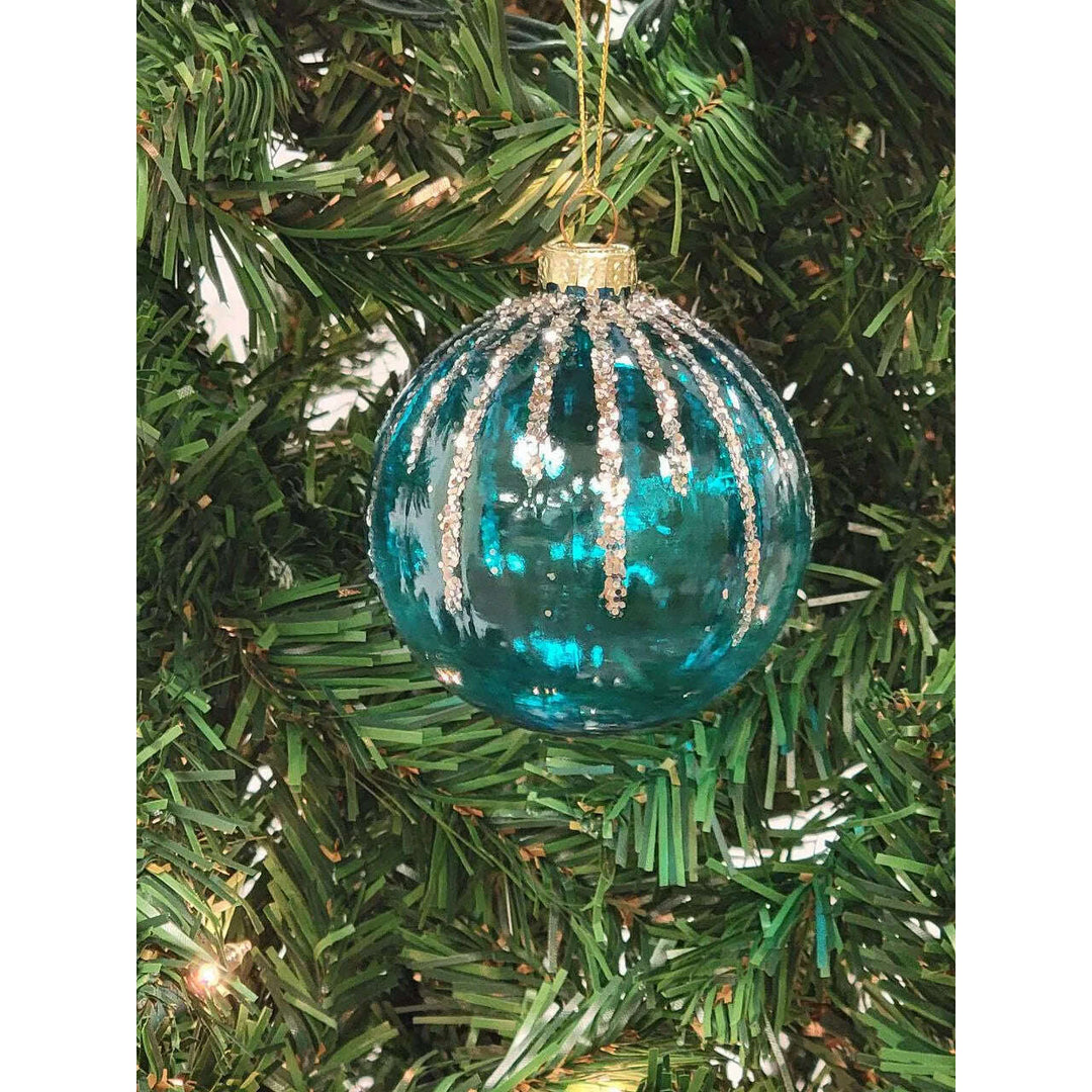 Turquoise and Gold Striped Ball Glass Christmas Ornament F07M7-11-LH76-2319