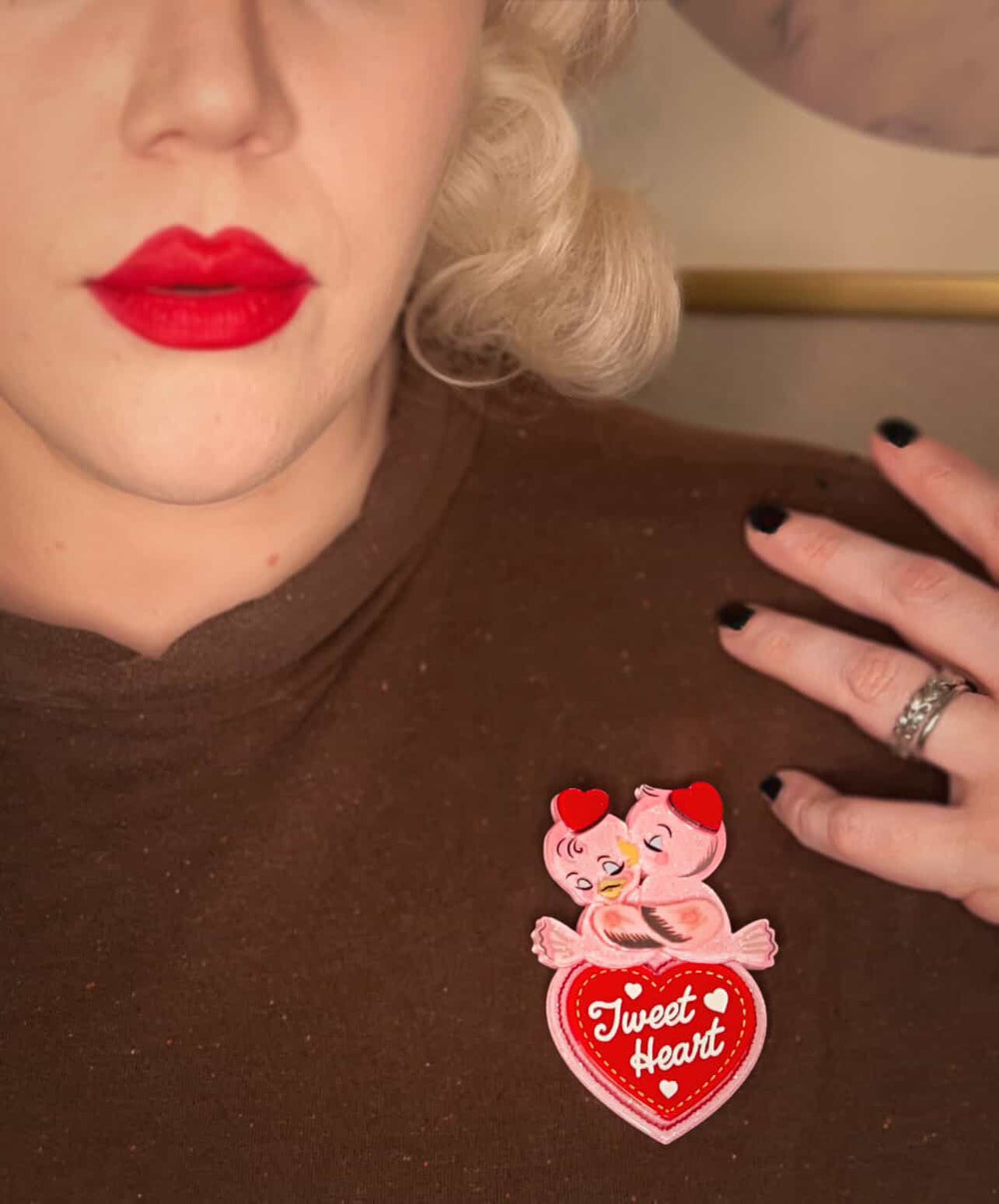Tweet Heart acrylic brooch with pink sparkle and candy heart, styled with vintage Valentine's props