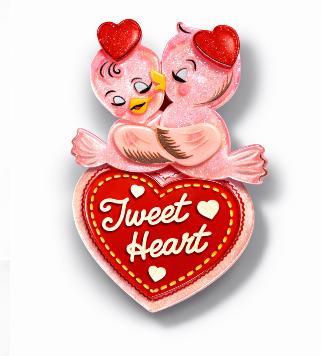 Tweet Heart lovebirds brooch — layered resin Valentine's Day brooch by 50's Vintage Dame x Lipstick & Chrome