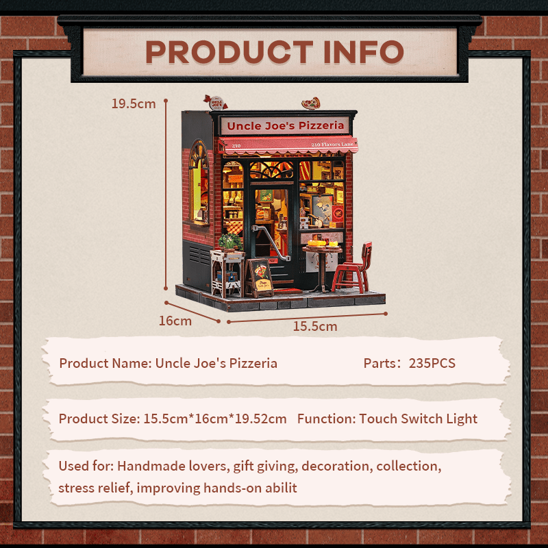 Uncle Joe's Pizzeria Dollhouse Kit - Miniature Wizardi Roombox Kit with LED Light F07M51-92-CWGC210