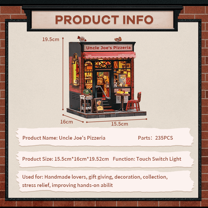 Uncle Joe's Pizzeria Dollhouse Kit - Miniature Wizardi Roombox Kit with LED Light F07M51-92-CWGC210