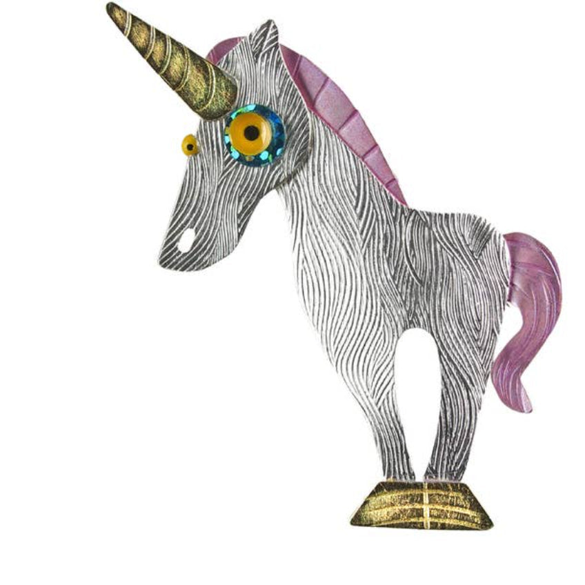 Chickenscratch Unicorn Brooch — handmade textured brass silver-plated unicorn brooch with gold leaf hooves and horn, mica powder mane, pivoting head, 2.75 inch artisan pin
