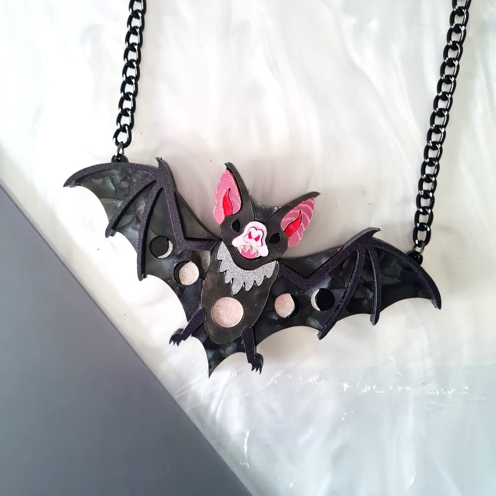 Vampire Bat Statement Moon Phases Necklace by Cherryloco Jewellery 
