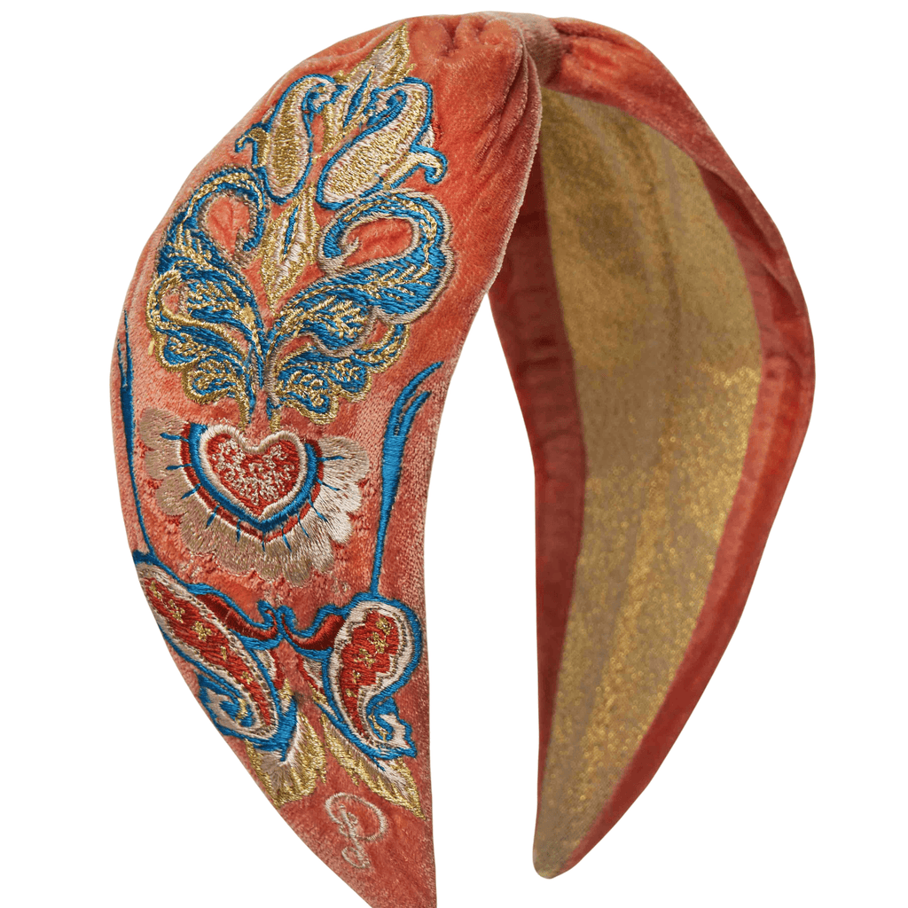 Velvet Embroidered Headband - Mediterranean Paisley in Coral - Quirks!
