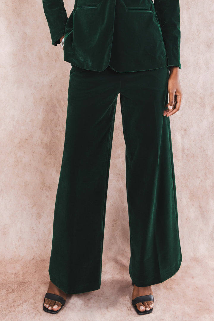 The Elegant Evergreen | Green Velvet Wide Leg Velvet Pants