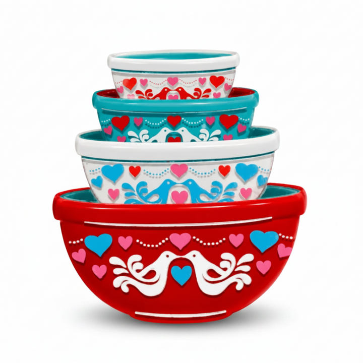 lovebirds red white aqua vintage pyrex valentine's bowls acrylic brooch