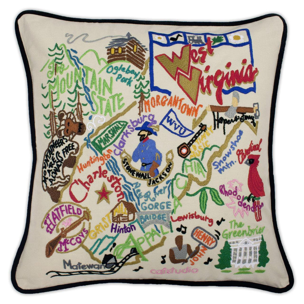 West Virginia Hand-Embroidered Pillow - Quirks!