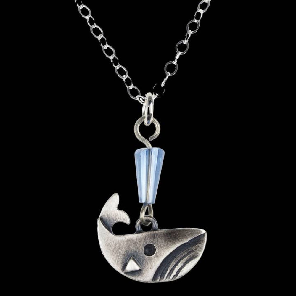 Chickenscratch Whale Necklace detail — artisan sterling silver whale pendant handmade in USA
