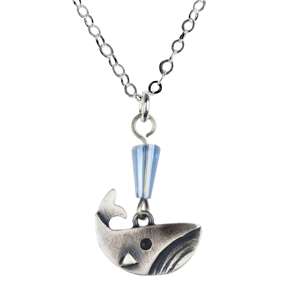 Chickenscratch Whale Necklace — cast sterling silver whale charm necklace with faceted fumed blue glass spout on 18-inch sterling silver chain