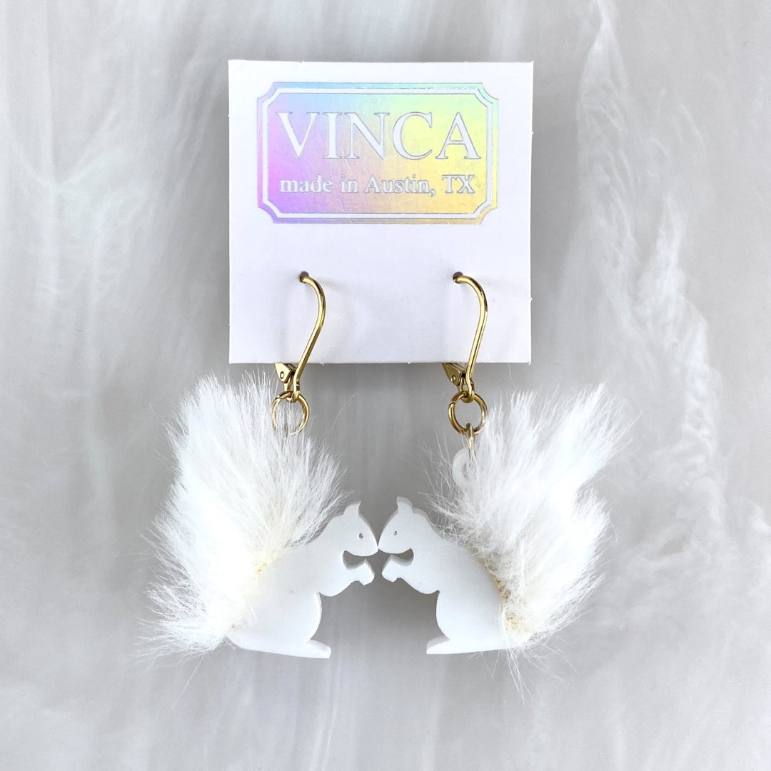 LAST CHANCE! Fluffy Lucky Albino Squirrel Dangle Earrings with Faux Fur