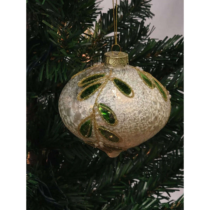 White Glitter Leaf Ball Glass Christmas Ornament F07M7-25-LH76-23096