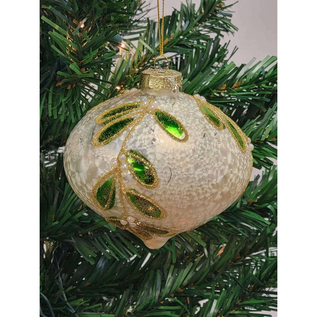White Glitter Leaf Ball Glass Christmas Ornament F07M7-25-LH76-23096