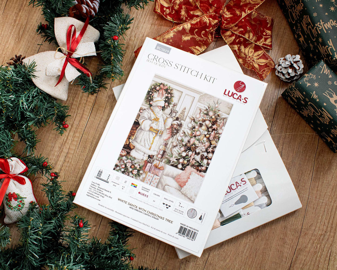 White Santa With Christmas Tree BU5019L Counted Cross-Stitch Kit
