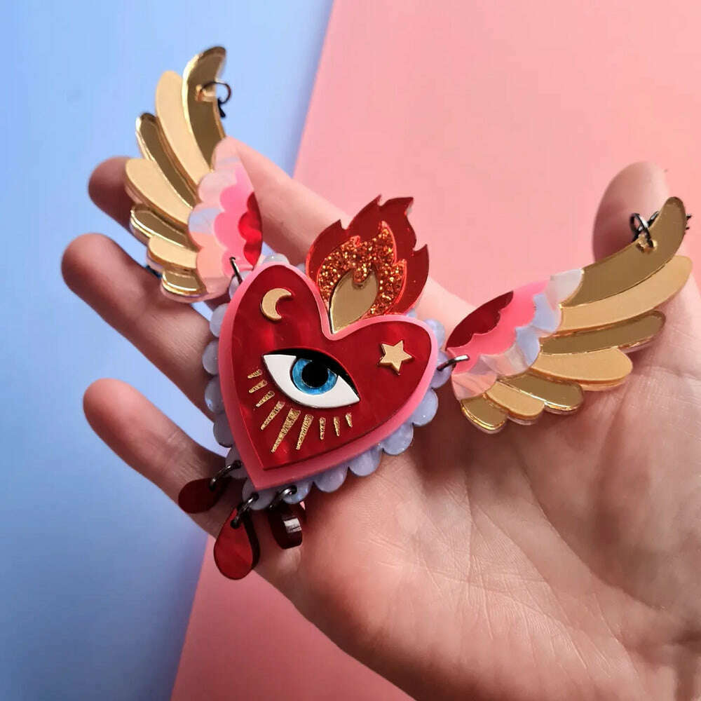Winged Flaming Heart Statement Necklace by Cherryloco Jewellery 1