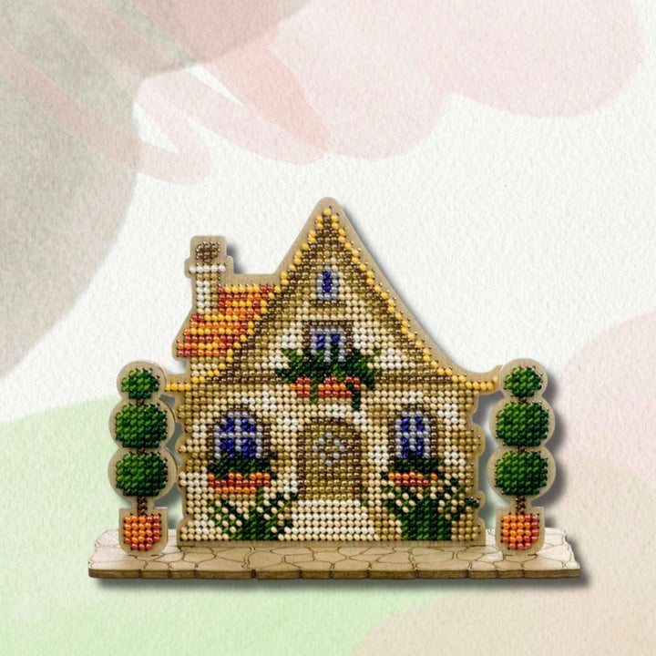 Wooden Bead Embroidery Kit House with Topiary FLK-589