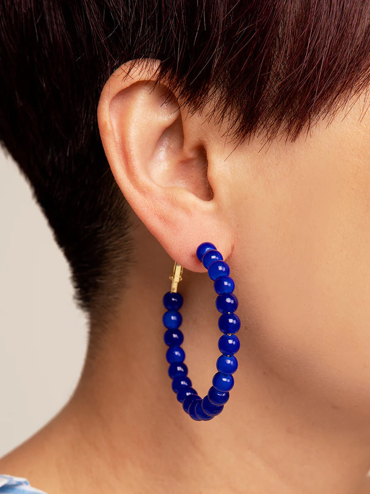 Glass Bead Hoop Earrings - Bright Blue
