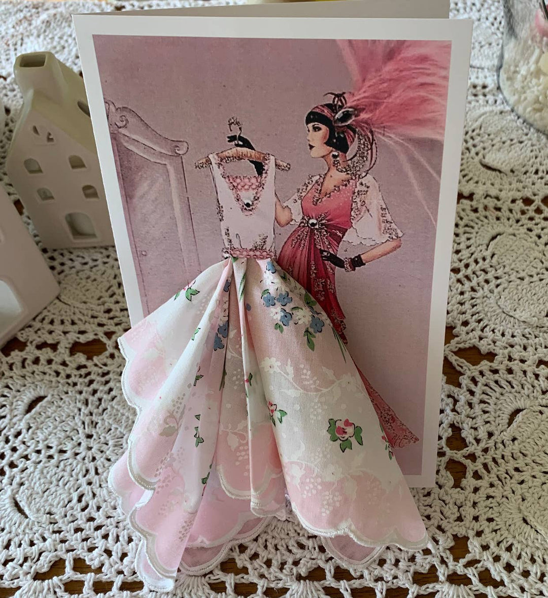 Art Deco Glamour Girl Dress Keepsake Hankie Card: Pink Floral