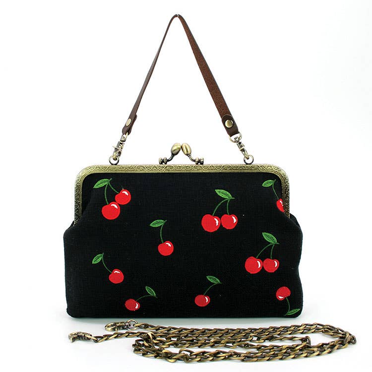 Cherry Kisslock Bag in Linen + Cotton blend fabric: BLACK