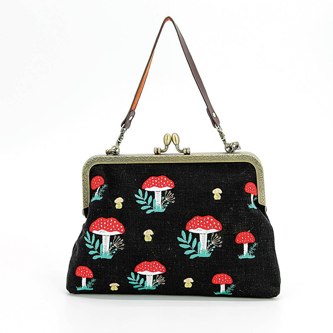 Mushrooms Kisslock Frame Handbag in Cotton: Black